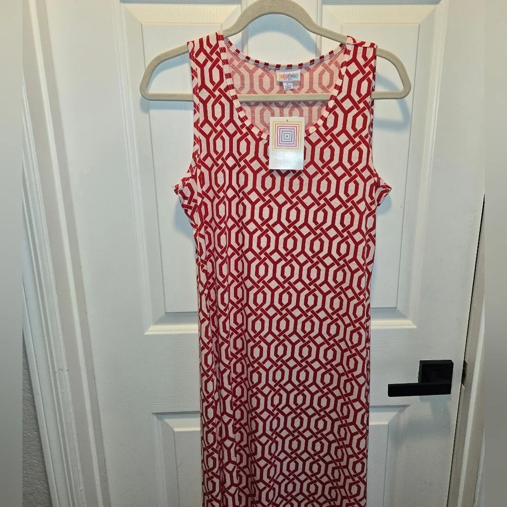 LULAROE NWT Lg DANI MAXI TANK DRESS RED & WHT GEO-CHAIN PATTERN CLASSIC COMFORT - Picture 4 of 8